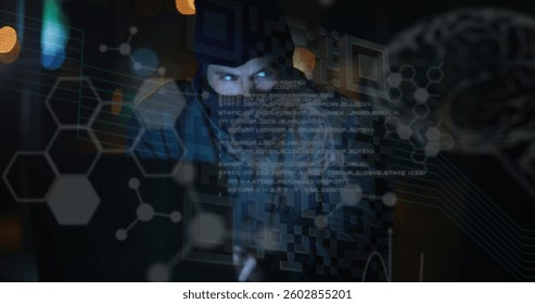 Image of data processing and glowing brain over hacker using computer. digital interface global connection and online security concept digitally generated image.