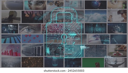 Image of data processing and glowing padlock over various clips playing on composite screens. global communication, data security and digital interface concept digitally generated image.