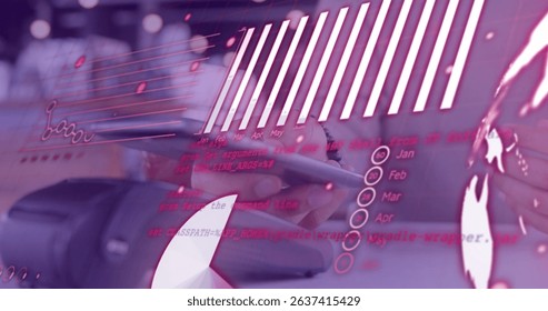 Image of data processing with graph over diverse people paying with smartphone. Global finances, retail and digital interface concept digitally generated image.