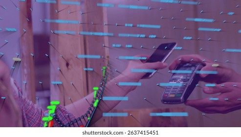 Image of data processing with graph over diverse people paying with smartphone. Global finances, retail and digital interface concept digitally generated image.