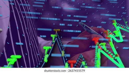 Image of data processing with graph over man taking order. Global finances, retail and digital interface concept digitally generated image.