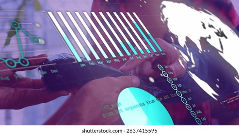 Image of data processing with graph over diverse people paying with credit card. Global finances, retail and digital interface concept digitally generated image.