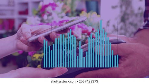 Image of data processing with graph over diverse people paying with smartphone. Global finances, retail and digital interface concept digitally generated image.