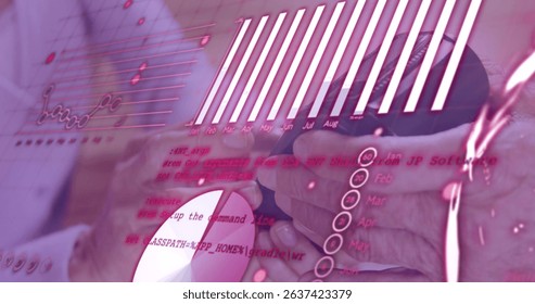 Image of data processing with graph over diverse people paying with credit card. Global finances, retail and digital interface concept digitally generated image.