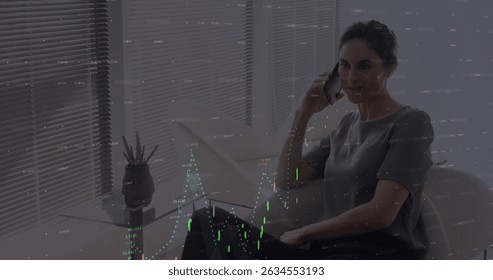 Image of data processing and graphs over caucasian woman having call on smartphone. Business, communication, finance and technology concept digitally generated image.