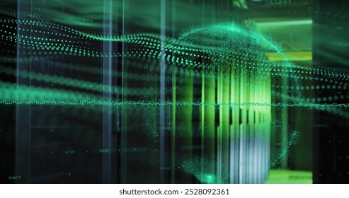 Image of data processing and green digital wave against computer server room. Global networking and business data storage technology concept