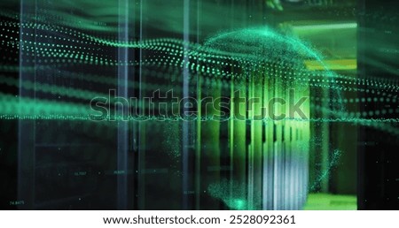 Image of data processing and green digital wave against computer server room. Global networking and business data storage technology concept