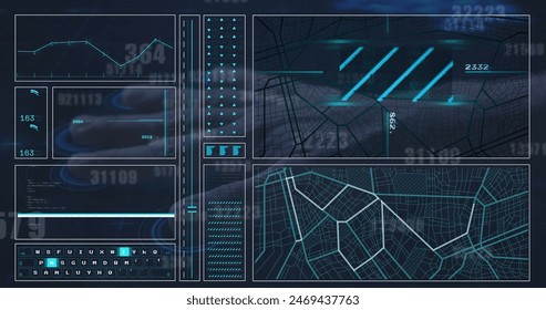 Image of data processing and hand on black background. global business and digital interface concept digitally generated image.