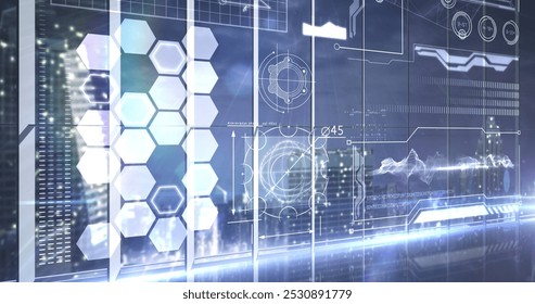 Image of data processing and hexagons over servers. Data processing, digital interface, communication and technology concept digitally generated image.
