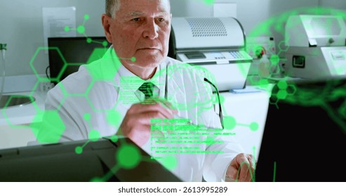 Image of data processing and human brain spinning over male scientist using computer. global science, research, data processing and digital interface concept digitally generated image.