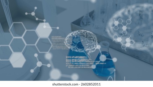 Image of data processing and human brains against beakers with blue liquid. global science technology concept digitally generated image.