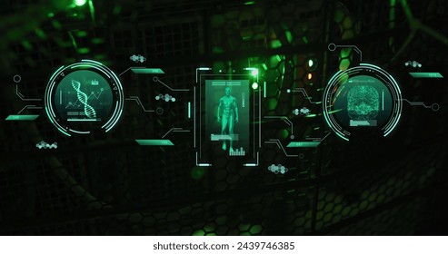 Image of data processing with human walking and brain over server room. Global science and digital interface concept digitally generated image.