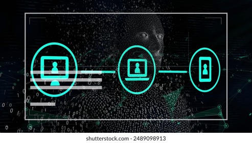 Image of data processing with icons and digital human on black background. Global technology, computing and digital interface concept digitally generated image.