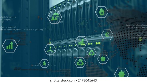 Image of data processing with icons and globe over server room. Global technology, computing and digital interface concept digitally generated image.