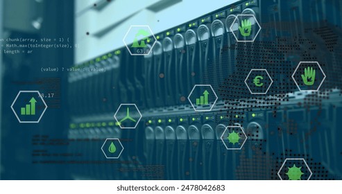 Image of data processing with icons and globe over server room. Global technology, computing and digital interface concept digitally generated image.