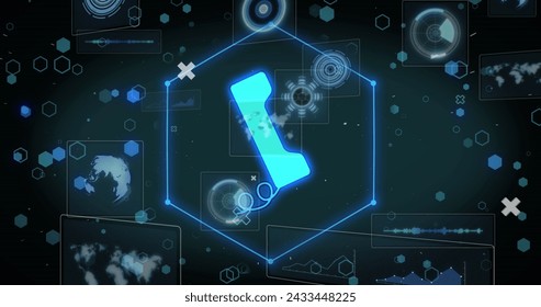 Image of data processing with icons on black background. Global technology, computing and digital interface concept digitally generated image.