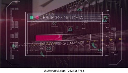 Image of data processing and icons on digital screen over black background. Global data processing, digital screen and technology concept digitally generated image.