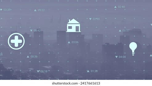 Image of data processing with icons over cityscape. Global business, computing and digital interface concept digitally generated image.