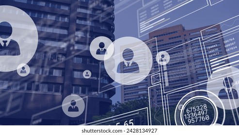 Image of data processing with icons over cityscape. Global online security, business, finance, computing and data processing concept digitally generated image.