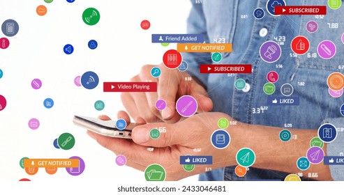 Image of data processing and icons over woman using smartphone. Global networks, computing, digital interface and data processing concept digitally generated image.