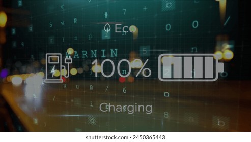 Image of data processing with icons over cars on street. Global technology, computing and digital interface concept digitally generated image.