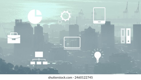 Image of data processing and icons over cityscape. Global connections data cloud computing finance and technology concept digitally generated image.