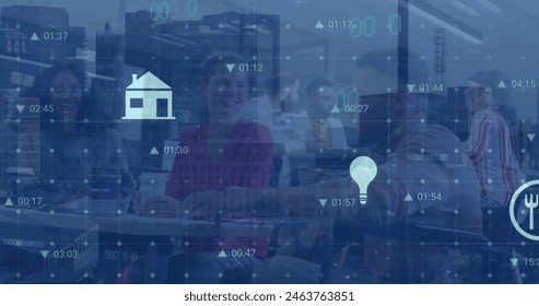 Image of data processing with icons over diverse business people having meeting at office. Global business, finances and digital interface concept digitally generated image.