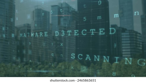 Image of data processing with icons over cityscape. Global technology connections and data processing concept digitally generated image.