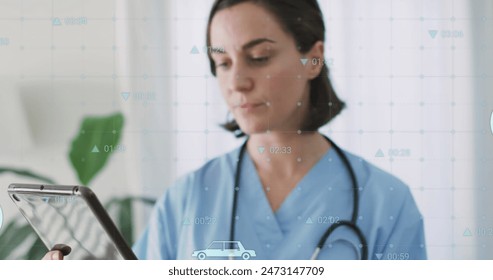 Image of data processing with icons over caucasian female doctor using tablet. Global medicine, healthcare and digital interface concept digitally generated image