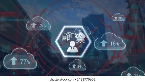 Image of data processing with icons over tall buildings. Global digital interface technology and networking concept digitally generated image.