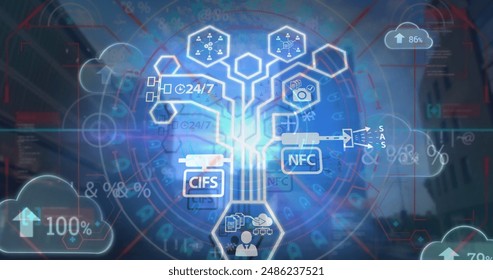  Image of data processing with icons over tall buildings. Global digital interface technology and networking concept digitally generated image.