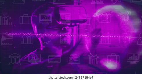 Image of data processing and icons over african american man in vr headset. Global computing, digital interface and data processing concept digitally generated image.