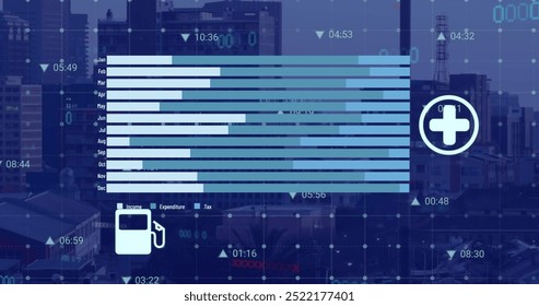 Image of data processing with icons over cityscape. Global technology, computing and digital interface concept digitally generated image.