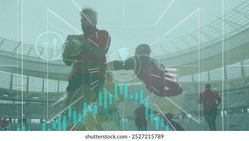 Image of data processing and icons over diverse rugby players at stadium. Global sport, computing and digital interface concept digitally generated image. - Powered by Shutterstock