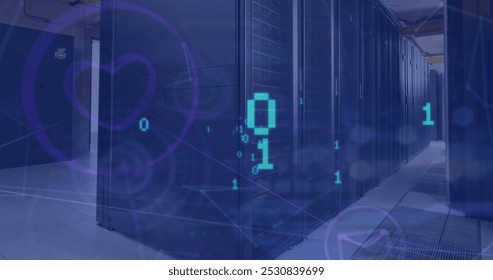 Image of data processing and icons over server room. Global sport, technology and digital interface concept digitally generated image.