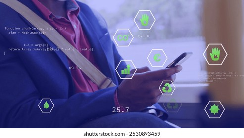 Image of data processing with icons over african american businessman using smartphone in bus. Global business, computing and digital interface concept digitally generated image.