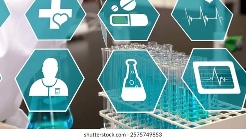 Image of data processing with icons over laboratory. Global science, connections, computing and data processing concept digitally generated image.