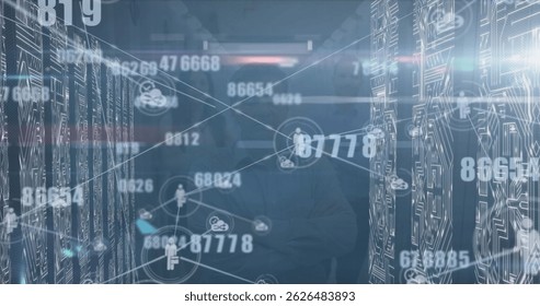 Image of data processing and icons over cityscape. Global connections digital interface and digital interface concept digitally generated image.