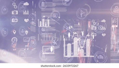 Image of data processing and icons over cityscape. Global connections digital interface and technology concept digitally generated image.