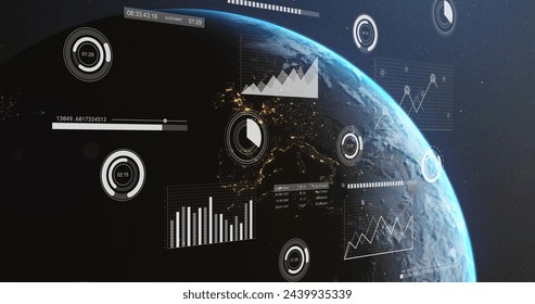 Image of data processing and icons pver globe. Global business, connections, computing and data processing concept digitally generated image.