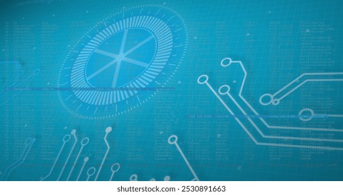 Image of data processing and integrated circuit on blue digital screen. Data processing, digital interface, communication and technology concept digitally generated image. - Powered by Shutterstock