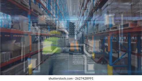 Image of data processing and integrated circuit over warehouse. business, finance and delivery services concept digitally generated image.