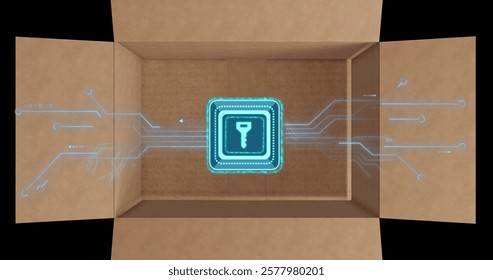 Image of data processing and key icon with circuit board over cardboard box. Global cyber security, connections, computing and data processing concept digitally generated image.