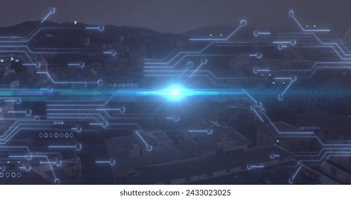 Image of data processing, landscape and connections. Global networks, computing, digital interface and data processing concept digitally generated image.