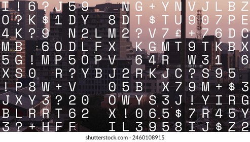 Image of data processing with letters over modern cityscape. Global business and digital interface, digitally generated image.