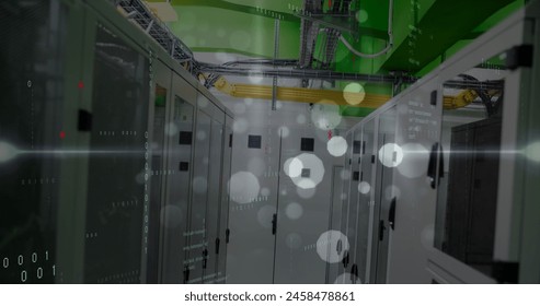 Image of data processing, light trails and white spots floating against computer server room. Computer interface and business data storage technology concept - Powered by Shutterstock