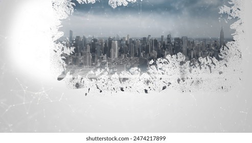 Image of data processing with light trails over cityscape. global business, data processing and digital interface concept digitally generated image.