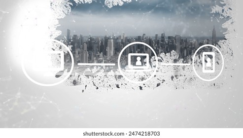 Image of data processing with light trails over cityscape. global business, data processing and digital interface concept digitally generated image.