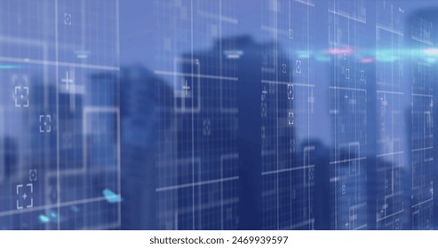 Image of data processing and lights over blurred cityscape. Business, network, connections and technology concept digitally generated image.