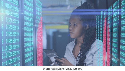 Image of data processing and lights over african american woman working in server room. network, programming, computers and technology concept digitally generated image.